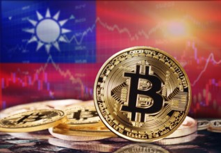 Bitcoin with Taiwan flag in the background. Investors in cryptocurrency and Blockchain Technology