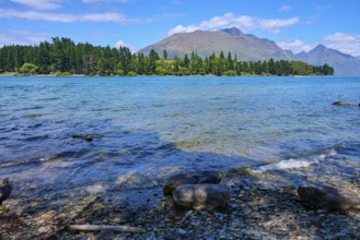 Waves on the lakeshore in front of mountain landscape and forested background, Queenstown,