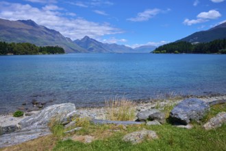 Tranquil seascape with grassy rocks and mountains in the background, Queenstown, Queenstown-Lakes