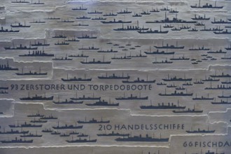 Dark silhouettes of ships on a plate, accompanied by German texts on the number and types of ships,