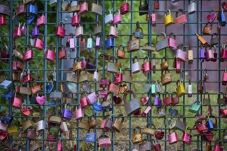 Colourful love locks on an outdoor fence, Laboe, Kiel Fjord, Schleswig-Holstein, Germany