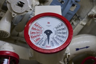 Red ship's engine control panel with scale and labelling, submarine, Technical Museum U 995, Laboe,