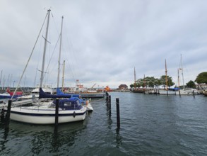 Sailboats and yachts in the harbour under a grey sky, surrounded by water and harbour structures,