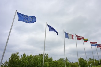 Various national flags in the wind under a cloudy sky, Naval Memorial, Laboe, Kiel Fjord,