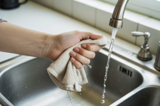Woman's hand wringing cleaning rag under running water tap. Generative AI, AI generated