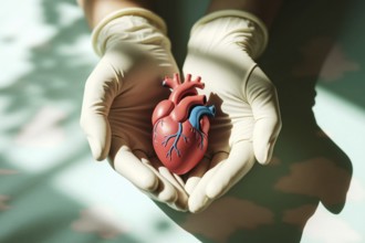 Hands in medical gloves holding anatomical heart model. Generative ai, AI generated
