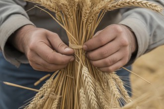 Man's hands tying wheat grain during harvest season. Generative ai, AI generated