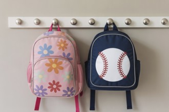 Gender-coded children's backpacks highlighting stereotypical color norms. Generative ai, AI