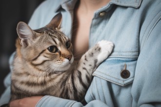 Woman holding cat close to her chest in a warm, affectionate embrace. Generative ai, AI generated