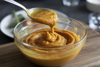 Bowls of creamy pumpkin purée with spoon. Generative ai, AI generated