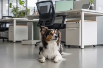 Well-behaved medium dog resting in office setting with calm work atmosphere. Generative AI, AI