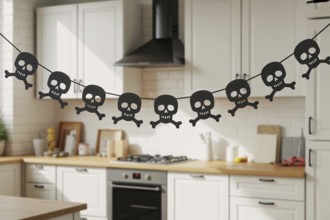 Black skull and crossbones Halloween garland hanging in cozy kitchen interior. Generative AI, AI