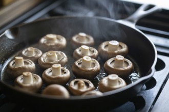 Champignon mushrooms sizzling in frying pan with steam. Generative ai, AI generated