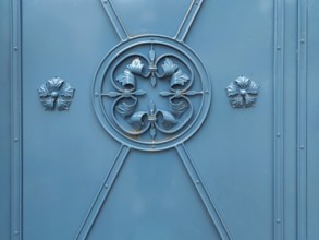 Decorations on a blue metal gate, iron gate, Southern Palatinate, Palatinate, Rhineland-Palatinate,