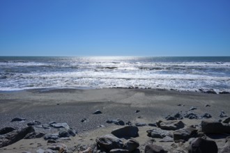 Light glistens on the surface of a calm beach under a bright sky, West Coast, South Island, New