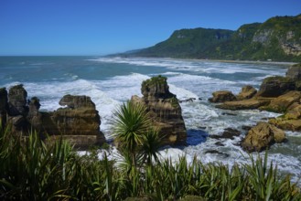 Coastal landscape with rocks, lush vegetation and sweeping sea views, Pancake Rocks, Westport,