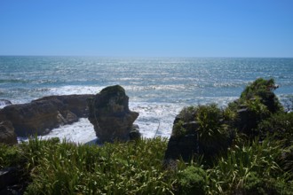 Coastline with lush vegetation and rocks at the edge of the sea, Pancake Rocks, Westport,