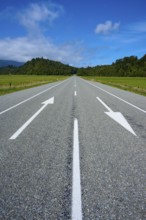 Long, empty country road with arrows, surrounded by green meadows and trees under a blue sky, West