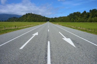 Long empty road with directional arrows through rural surroundings, West Coast, South Island, New
