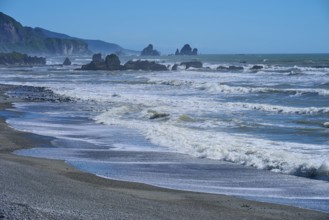 Beach with powerful waves and rocks under a clear blue sky, West Coast, South Island, New Zealand