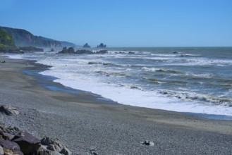 Extensive stretch of coastline with rough waves and rocks under a clear sky, West Coast, South