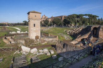 Left Torre della Moletta, part of medieval building ruins from the Middle Ages in the