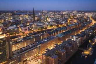 Aerial view of the historic warehouse district at the blue hour, Hamburg, Germany