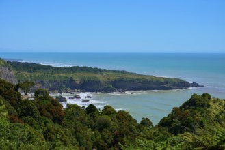 Coastal landscape with green hills and rocky coastline under a clear blue sky, West Coast, South