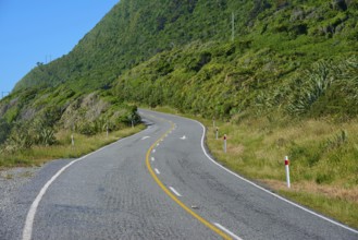 Winding road between lush vegetation and hills under a blue sky, West Coast, South Island, New
