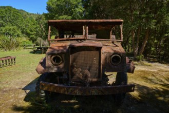 Abandoned, rusty lorry standing in the forest in rustic surroundings, Buller Gorge Swing Bridge,