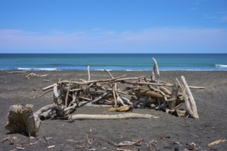 Driftwood beach hut by the ocean, Mana Bay, Patea, Taranaki, North Island, New Zealand