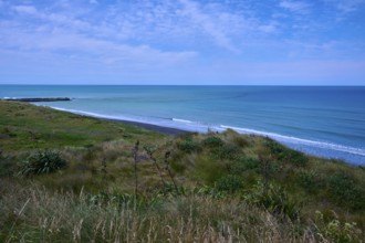 White sandy beach with grassy coastline and gentle waves under a cloudy sky, Mana Bay, Riverview