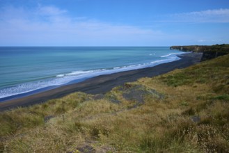 View of black sand beach with gentle waves, grassy coastline under clear sky, Mana Bay, Riverview