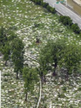 High angle view of the Jalan Ampang Muslim Cemetery in Kuala Lumpur, Malaysia
