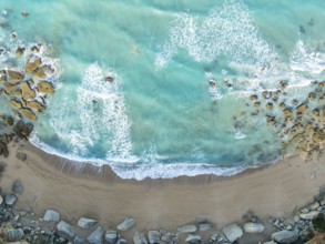 The Roche coves at he Mediterranean Sea. Aerial view. Drone shot. Cádiz province, Andalusia, Spain