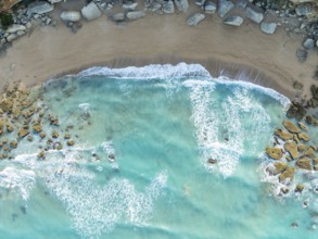 The Roche coves at he Mediterranean Sea. Aerial view. Drone shot. Cádiz province, Andalusia, Spain