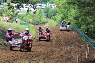 Motocross, Rudersberg, Baden-Württemberg, Germany, Europe, Several sidecar motorbikes in a race on