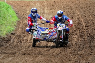 Motocross, Rudersberg, Baden-Württemberg, Germany, Europe, Sidecar motocross team manoeuvres