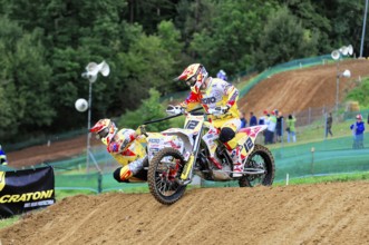 Motocross, Rudersberg, Baden-Württemberg, Germany, Europe, Motorbike with two riders in full speed