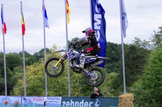 Motocross, Rudersberg, Baden-Württemberg, Germany, Europe, Motocross rider jumps with motorbike in