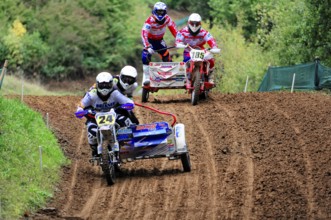 Motocross, Rudersberg, Baden-Württemberg, Germany, Europe, Two sidecar motorbikes ride close