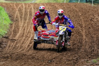 Motocross, Rudersberg, Baden-Württemberg, Germany, Europe, Two riders navigate a sidecar motorbike