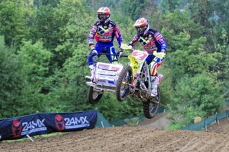 Motocross, Rudersberg, Baden-Württemberg, Germany, Europe, Two riders on a sidecar motorbike jump