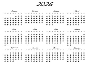 Lunar Phases Calendar, Full Year 2026 Daily Moon Phases on White