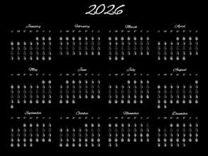 Lunar Phases Calendar, Full Year 2026 Daily Moon Phases On Black
