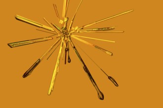 Microscopic shot if some Iron (III) chloride microcrystals in fluid ambiance