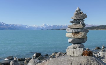 Stacked stones seen around Lake Pukaki at the South Island of New Zealand