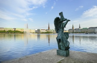Scenery including the Windsbraut sculpture around the Inner Alster Lake, a part of Hamburg in