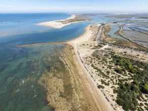 Aerial view of the Atlantic Coast with the fishing village of Sancti Petri, the large sandbar of