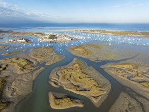 Network of channels and streams at low tide and the fishing village of Sancti Petri at the Atlantic